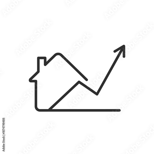 Rising Property Value Icon. Line chart showing house market growth, investment return, and upward trend vector graphic.