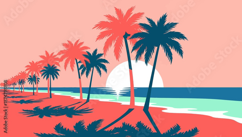 Tropical beach with palm trees at sunset.