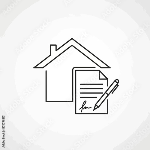 Real Estate Contract Signing Icon. House Outline, Mortgage Document, and Pen Line Art Symbol for Property Purchase and Lease Agreement.