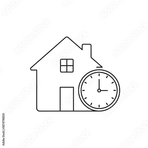 Home Time Schedule Line Icon. House and Clock Outline Symbol representing Real Estate Timing, Mortgage Duration, or Domestic Service Appointments.