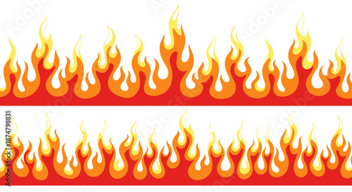 Seamless horizontal pattern of bright orange and red flames on white background.