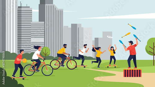 Cricket players cycling in urban park.