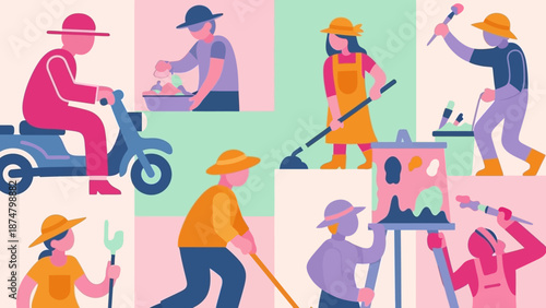 Gardening people collage landscaping team yard work crew.