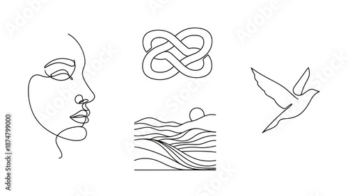 Minimalist One Line Art Collection Featuring Face, Infinity, Landscape, and Dove.