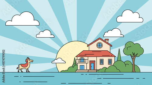 Cozy Home Island with Dog under Sunny Sky.