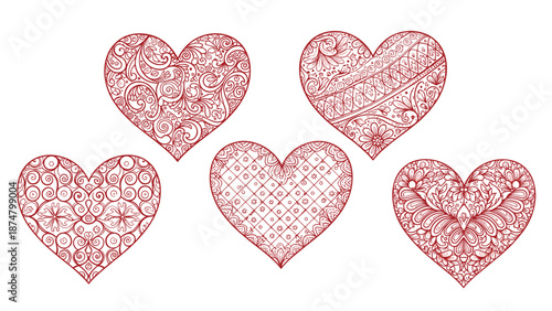 Set of five decorative hearts with intricate lace patterns for love