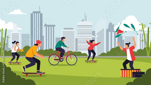 Young people having fun in urban park with kite and bikes.