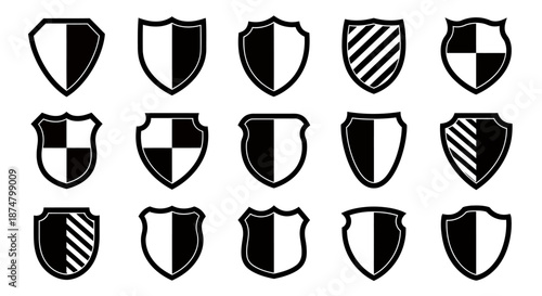 Collection of sixteen black and white shield icons with various patterns and designs.