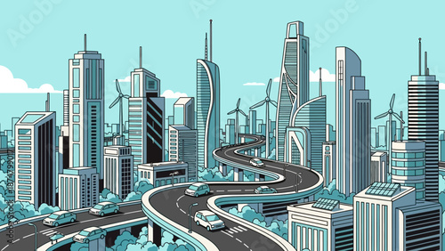Futuristic Cityscape with Wind Turbines and Highway.