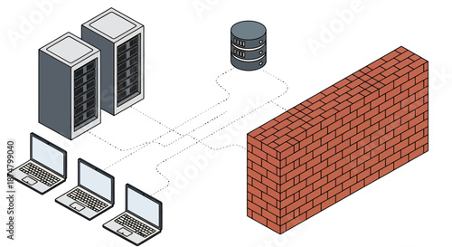 Illustration of network security architecture with firewall protecting connected computers and servers.