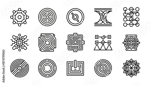 Set of Abstract Geometric Labyrinth and Maze Icons.