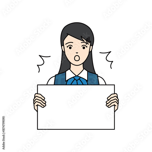 Surprised businesswoman holding a blank board with shock expression