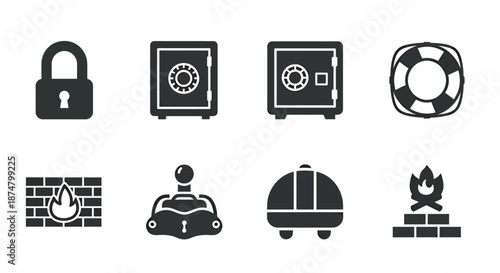 Set of security and safety icons including lock, safe, life buoy, fire, robot, helmet, and flame symbols.