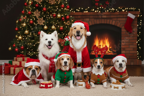 Familia de perros navideños: Golden Retriever, Labrador negro y cachorro con gorros de Santa