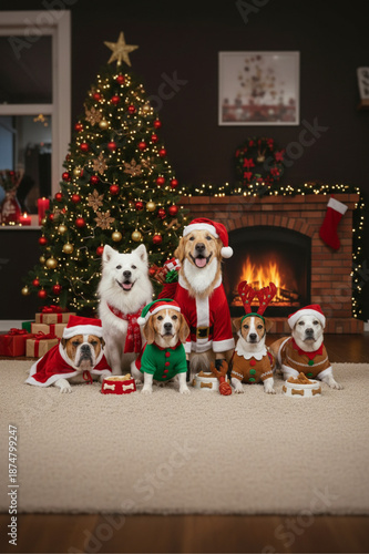 Familia de perros navideños: Golden Retriever, Labrador negro y cachorro con gorros de Santa