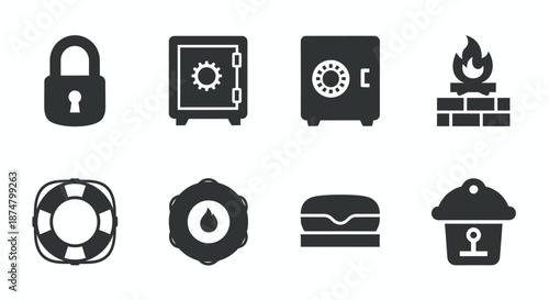 Set of security and safety related black icons on white background.