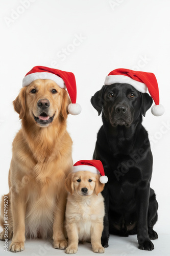 Golden Retriever y Labrador negro sentados juntos con gorros de Santa Claus sobre fondo blanco