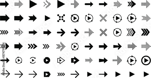 Black arrow icons collection including directional pointers cursors chevrons refresh symbols and play buttons for navigation interface web design graphics