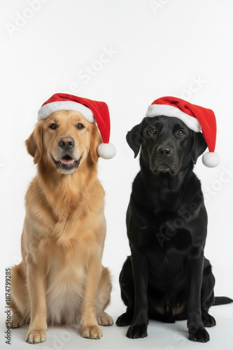 Golden Retriever y Labrador negro sentados juntos con gorros de Santa Claus sobre fondo blanco