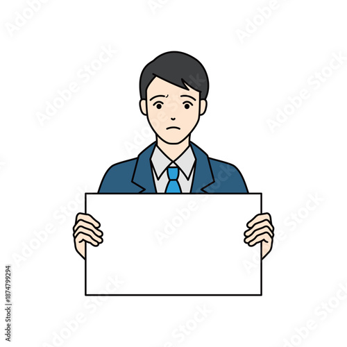 Worried businessman holding a blank white board with sad face