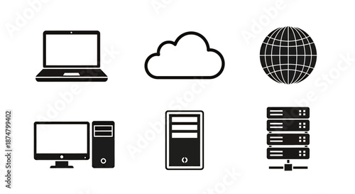 Set of black and white technology and computing icons including laptop, cloud, globe, desktop computer, server tower, and data servers.