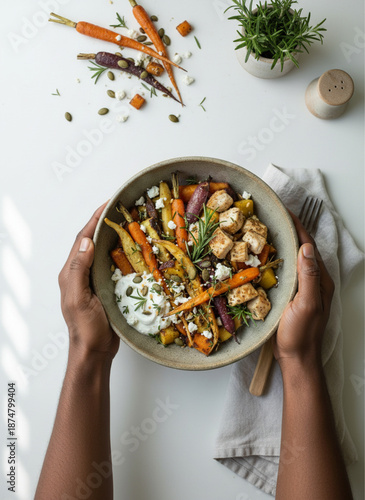Manos sosteniendo un tazón de almuerzo saludable con pollo, zanahorias asadas, salsa de yogurt y romero vista superior.