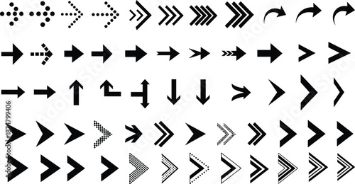 Black arrow icons collection including directional pointers cursors chevrons refresh symbols and play buttons for navigation interface web design graphics