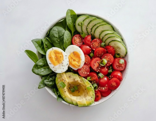 Tazón de ensalada saludable con espinacas, huevo cocido, aguacate y tomates cherry vista superior.