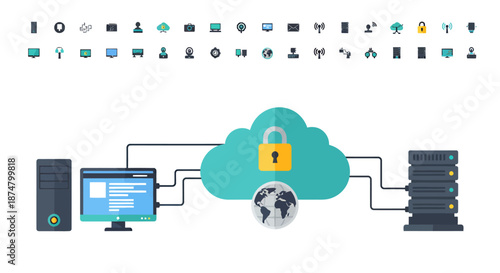 Conceptual illustration of cloud computing with secure data transfer and server connectivity.