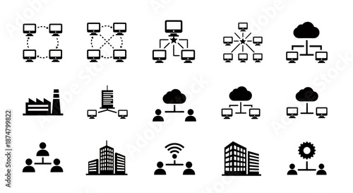 Set of black network and communication icons representing connectivity and data exchange.