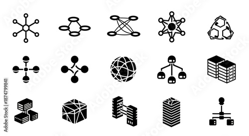 Set of various black network and connection icons representing data and communication structures.