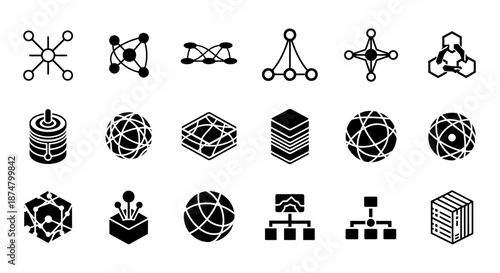 Set of black network and data storage icons representing technology and connectivity concepts.