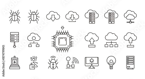 Set of technology and science themed line icons with various symbols and devices.