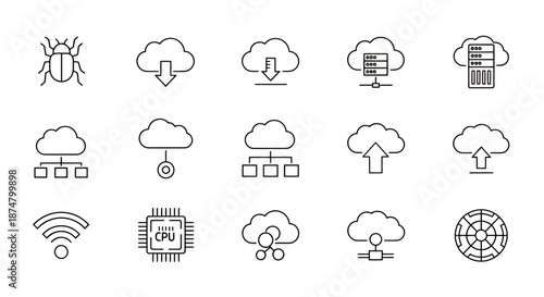 Set of simple black line icons representing cloud computing and network technology concepts.