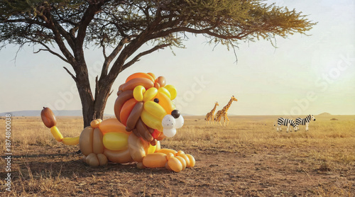 A whimsical balloon art lion rests under an acacia tree in an African savanna sunset, accompanied by balloon giraffes and zebras in the background.