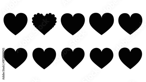 Set of ten black hearts icons arranged in two rows