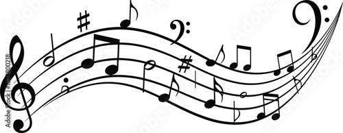 Musical notes on stave with treble clef and bass clef symbols for music composition or concert invitation flat vector illustration