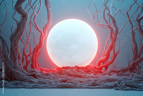 Surreal Scene with Full Moon Surrounded by Twisted Trees and Ethereal Lighting Effects