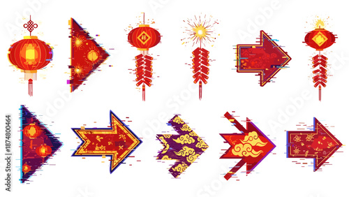 Collection of colorful traditional chinese lanterns and arrow symbols