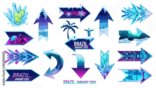 Collection of vibrant blue and purple arrow icons with brazil theme