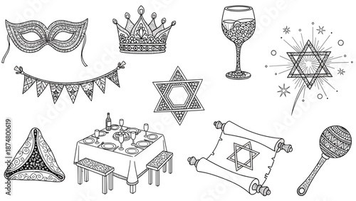 Jewish celebration icons including crown menorah and scroll