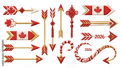 Collection of red and gold decorative arrows and canadian symbols