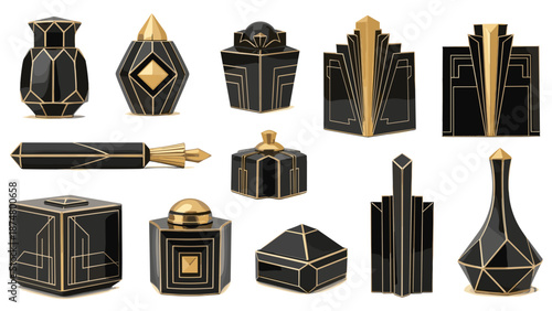 Set of black and gold art deco perfume bottles with geometric designs