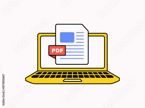 Illustration of a laptop displaying a document with a red PDF label. Simple flat style representing digital files, online documents, downloads, and paperless work.
