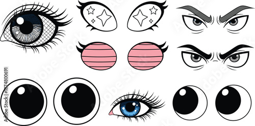 Cartoon eyes illustration set different emotions cute anime comic style eye expressions vector collection for characters design