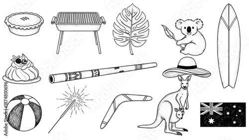 Collection of summer beach and outdoor leisure objects and animals