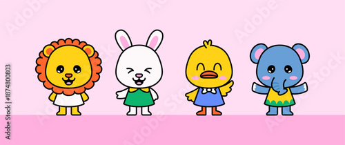 Adorable cartoon lion, rabbit, chick, and elephant standing side by side with happy expressions. Bright pastel colors and simple shapes create a playful, friendly vibe perfect for kids content