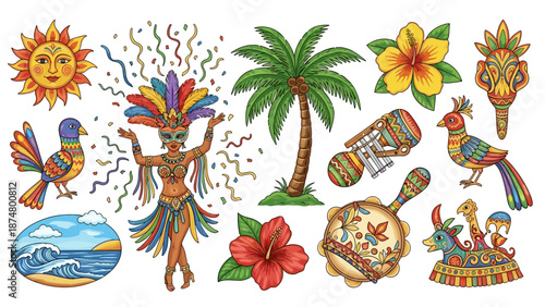 Collection of colorful tropical and cultural symbols and icons