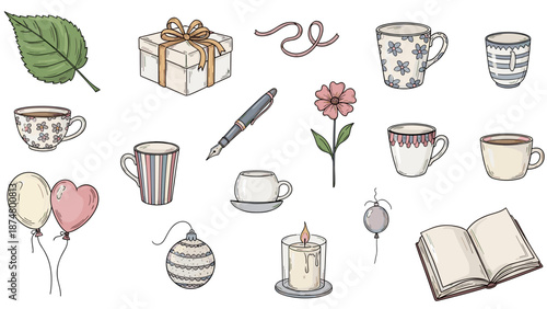 Collection of handdrawn vintage tea and coffee cups with accessories