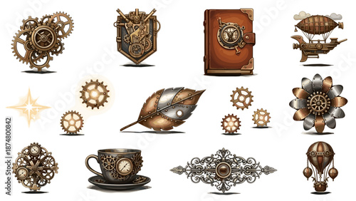 Collection of vintage steampunk mechanical and decorative objects